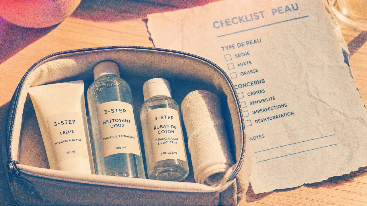 Clinique cosmetique : soins sans parfum, routine 3-Step, flacons et trousse minimaliste