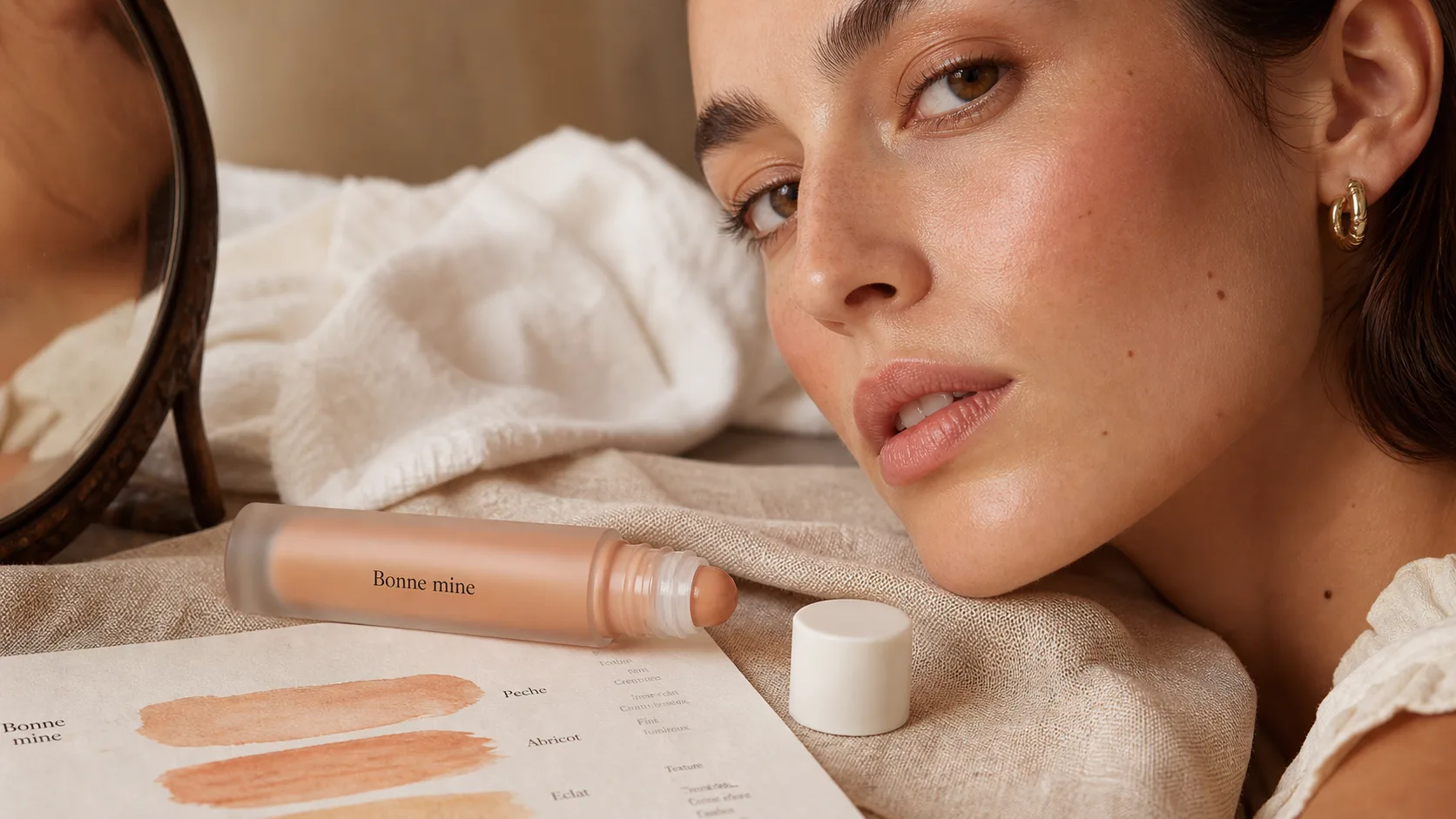 Crème bonne mine pour un teint frais, application de micro-pigments ou BB crème sur peau