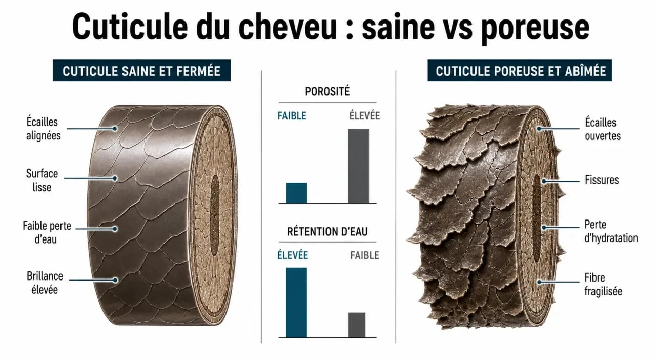 Schéma explicatif de la cuticule du cheveu pour comprendre les cheveux mousseux et poreux