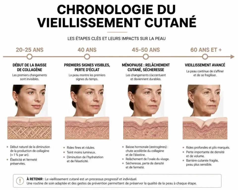 Infographie sur la chronologie du vieillissement cutané et les signes de la peau mature