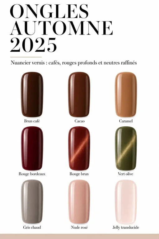Couleur ongles automne 2025 : nuancier éditorial de vernis avec bruns, rouges profonds, vert olive et finis Jelly et Cat Eye
