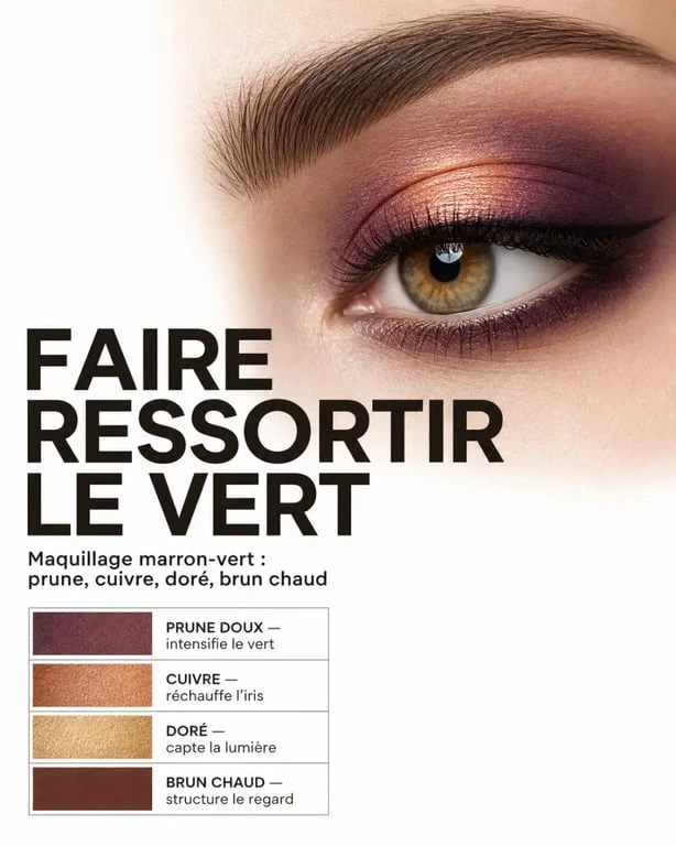 Yeux marron vert quel maquillage : regard maquillé en prune, cuivre et doré pour faire ressortir les reflets verts