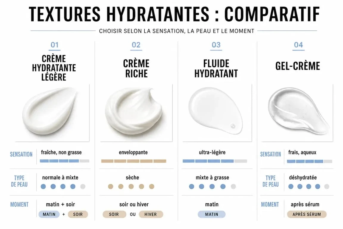 Crème hydratante légère : comparaison visuelle des textures et des usages