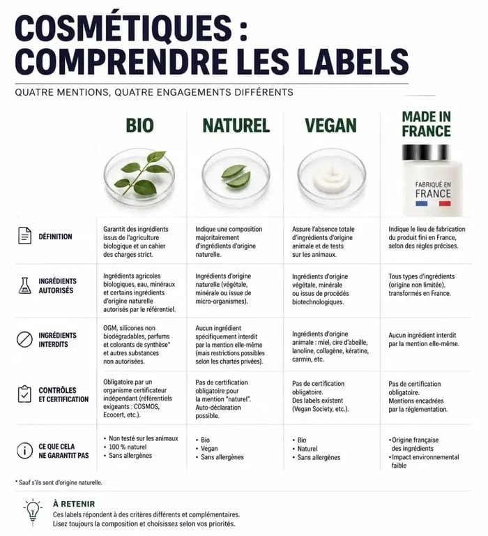 Infographie explicative des labels cosmétiques en France : Bio, Naturel, Vegan et Made in France pour bien choisir ses produits.