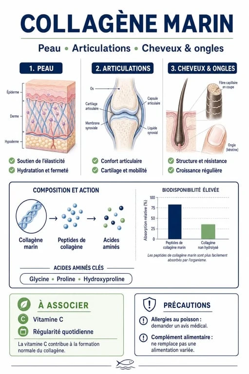 Collagène marin bienfaits : visuel éditorial sur la peau, les articulations, les cheveux et les ongles