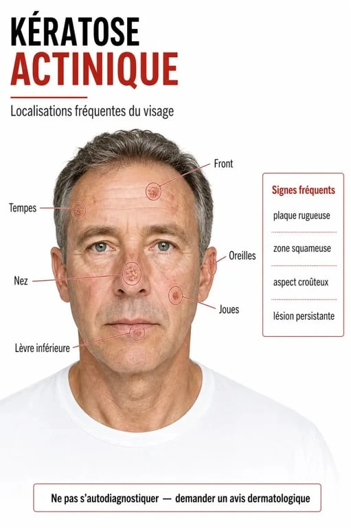 Kératose visage : illustration des zones du visage les plus exposées et des signes typiques d’une kératose actinique