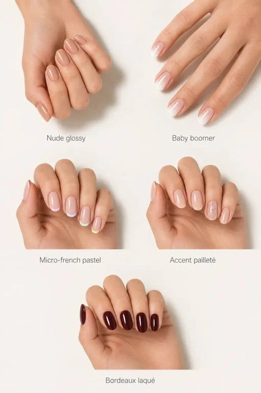 Idées ongle semi permanent en planche d’inspiration avec cinq styles de manucure