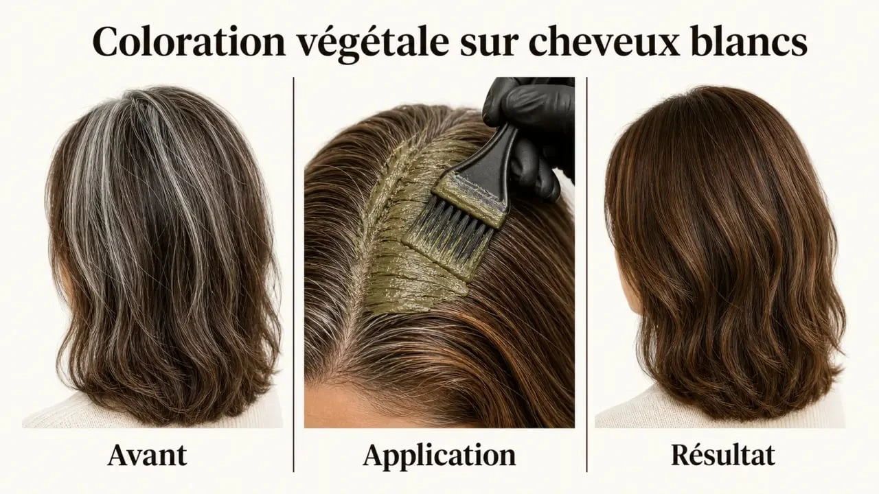 Coloration végétale cheveux blancs avant et après, avec rendu naturel fondant les mèches blanches
