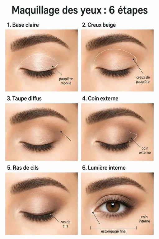 Démonstration maquillage yeux en 6 étapes avec zones clés du regard et rendu naturel