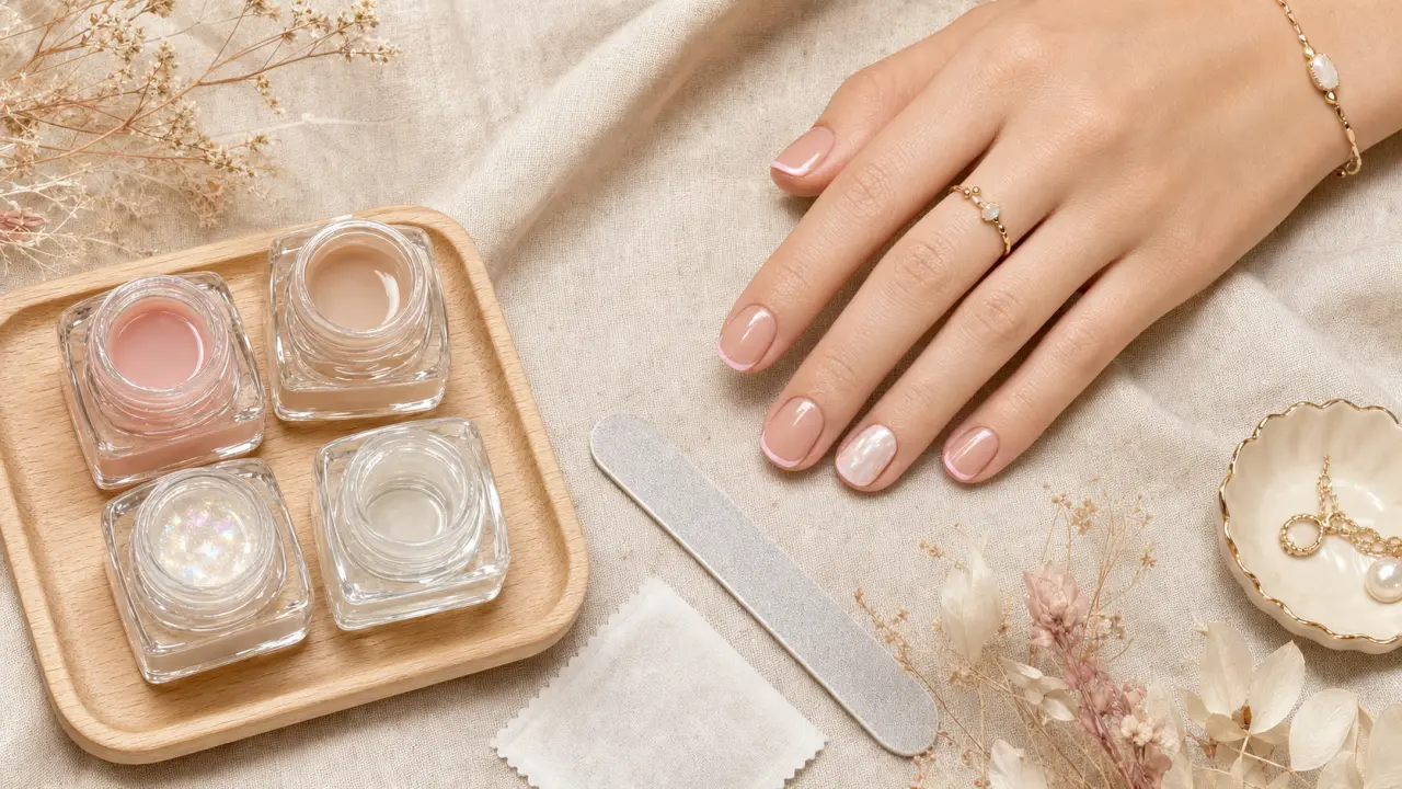 Idee ongle semi permanent nude glossy avec micro-french rose quartz et accent nacré opale