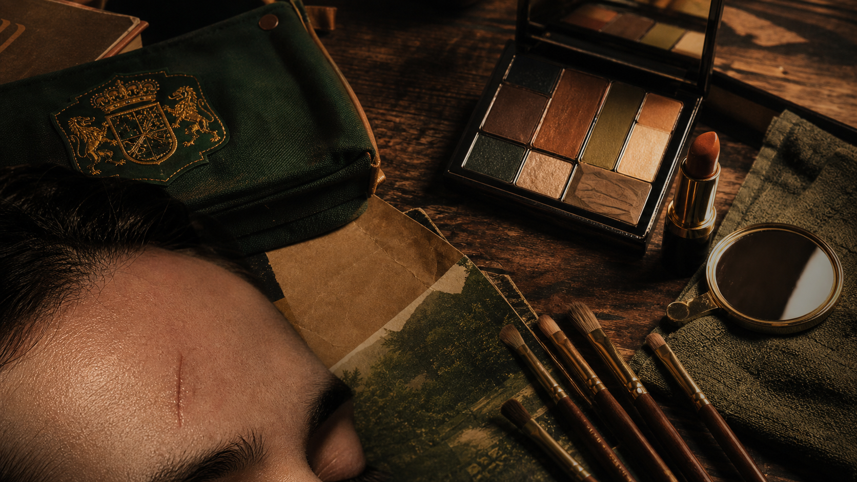Maquillage harry potter : pinceaux baguettes, palette d’ombres et rouge à lèvres sur table bois