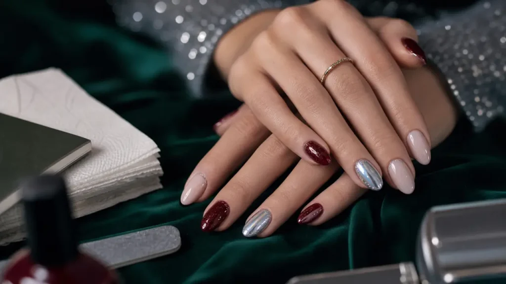 Ongles de Noël 2025 : chrome givré, paillettes et formes à bien choisir