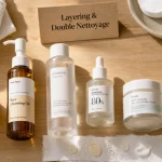 Routine coréenne layering double nettoyage K-Beauty, baume démaquillant, sérum, crème et SPF