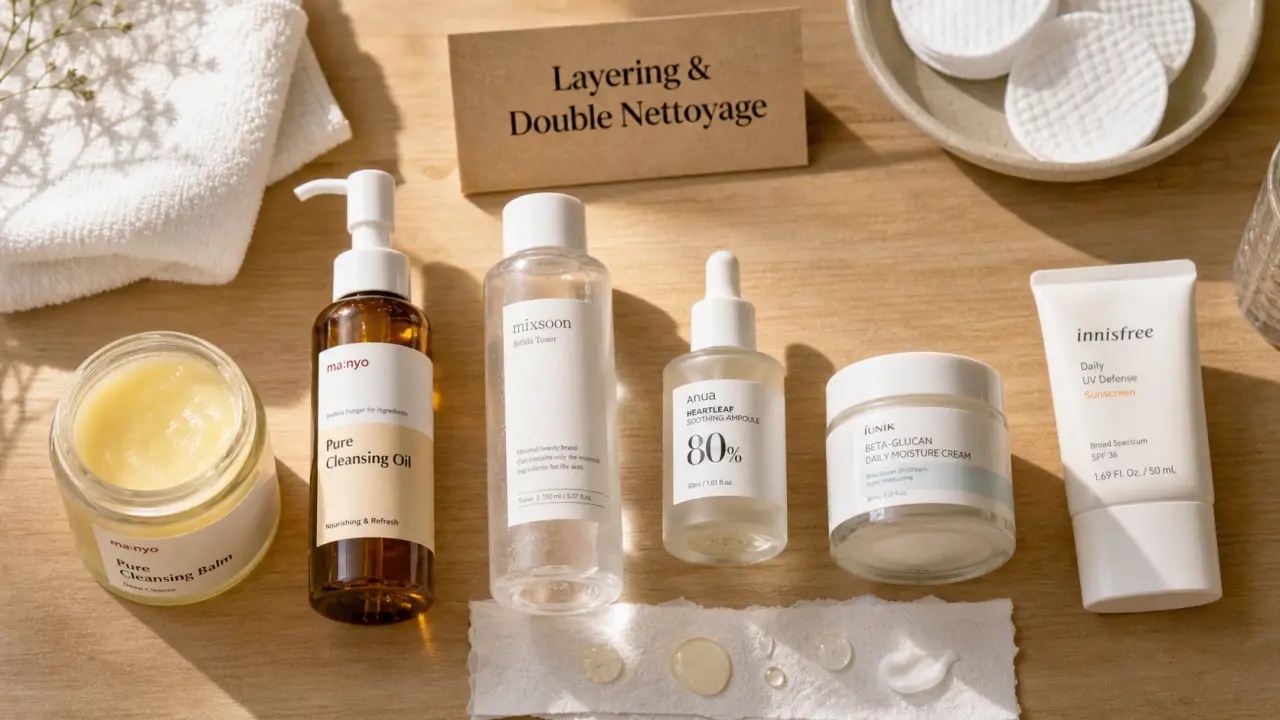 Routine coréenne layering double nettoyage K-Beauty, baume démaquillant, sérum, crème et SPF