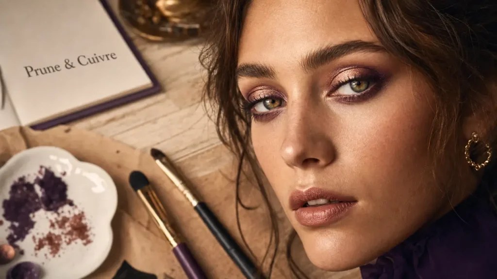 Yeux marron-vert : prune, violet et doré pour faire ressortir le vert sans alourdir le regard