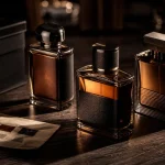 Trois flacons armani pour homme parfum sur table bois sombre