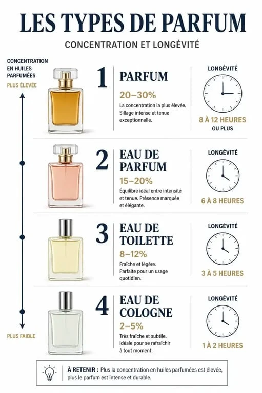 Infographie comparative des concentrations entre eau de toilette et eau de parfum pour choisir son parfum idéal