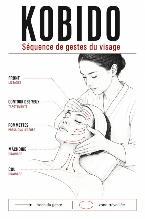 Soin du visage japonais : séquence des gestes du Kobido sur le visage et le cou