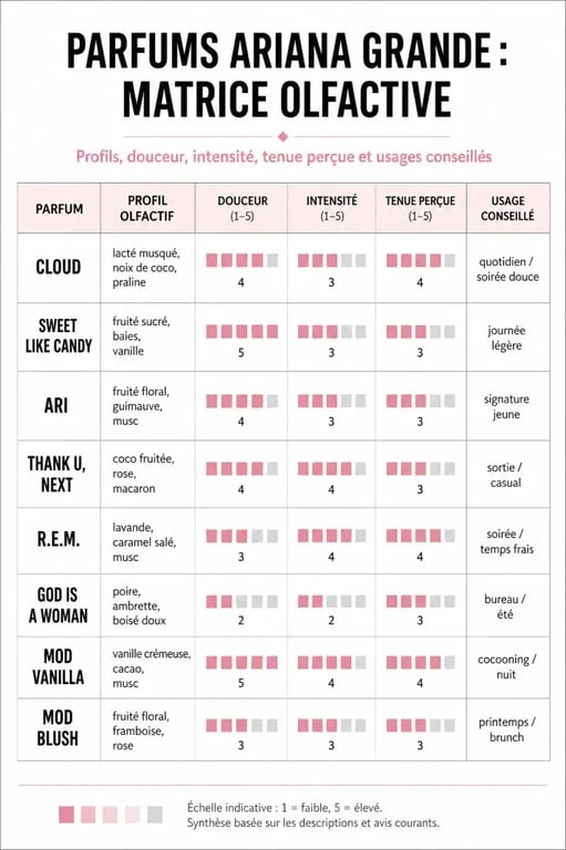 Infographie parfum ariana grande comparant Cloud, Sweet Like Candy, Ari, Thank U, Next, R.E.M., God Is a Woman, MOD Vanilla et MOD Blush