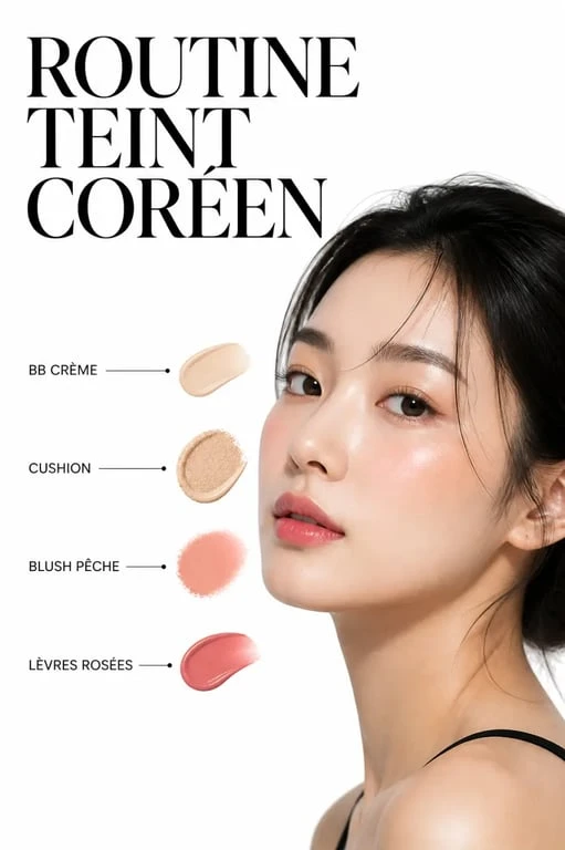 Maquillage coréen au fini glowy sur visage naturel avec BB crème, cushion et lèvres rosées