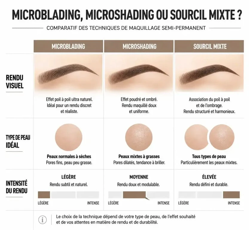 Infographie comparative des techniques de maquillage semi-permanent : microblading, microshading et sourcil mixte pour choisir la méthode adaptée.