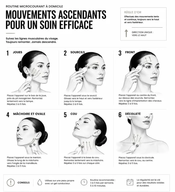Guide visuel des gestes pour un soin du visage à microcourant à la maison