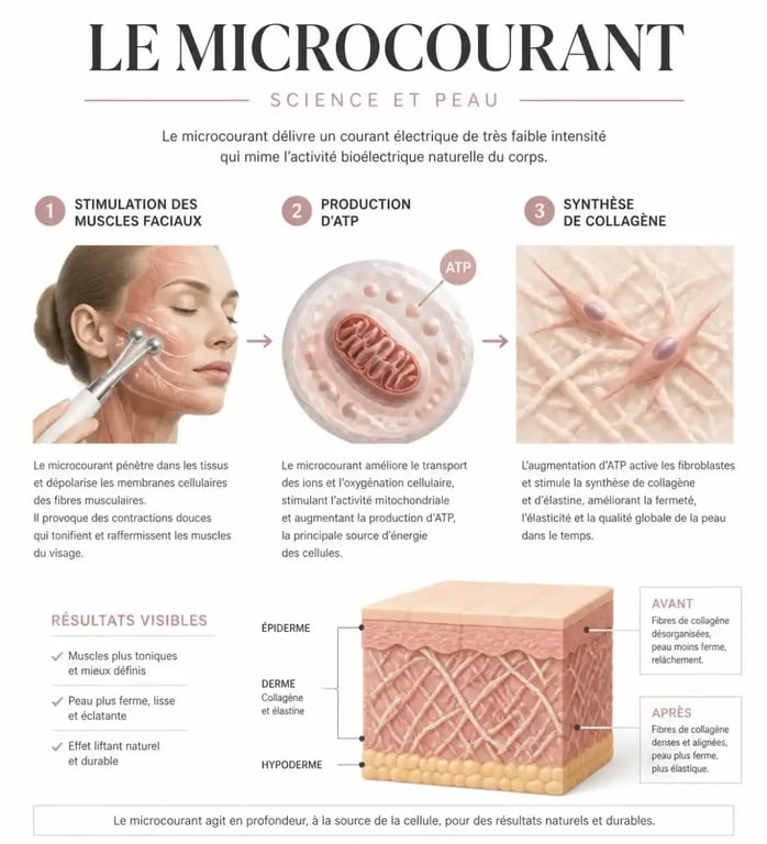 Schéma explicatif du soin du visage à microcourant à la maison et ses effets sur la peau