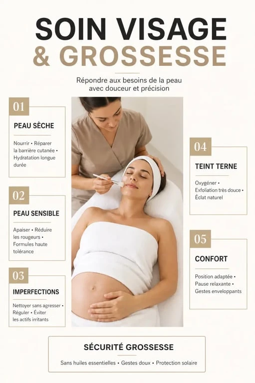 Soin visage femme enceinte : visuel comparatif des soins hydratant, apaisant, nourrissant, purifiant doux et éclat avec précautions grossesse