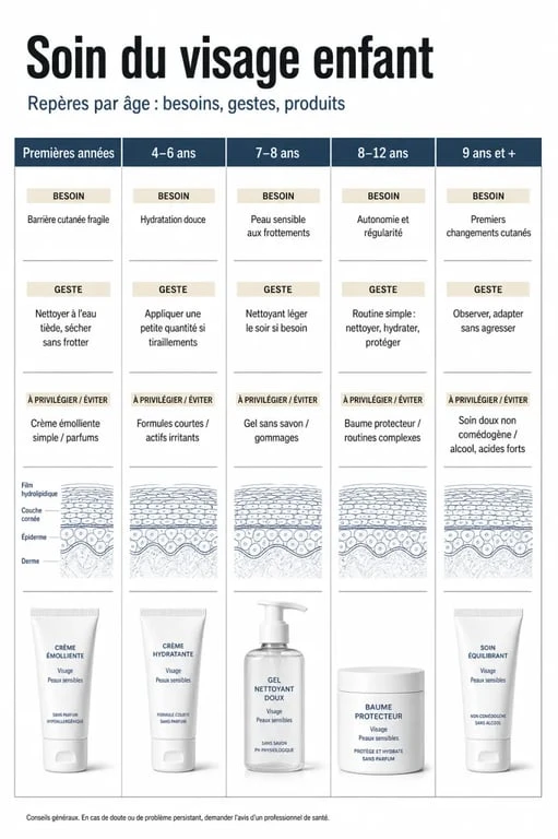 Infographie sur le soin visage enfant par tranche d’âge, routines douces et gestes à privilégier