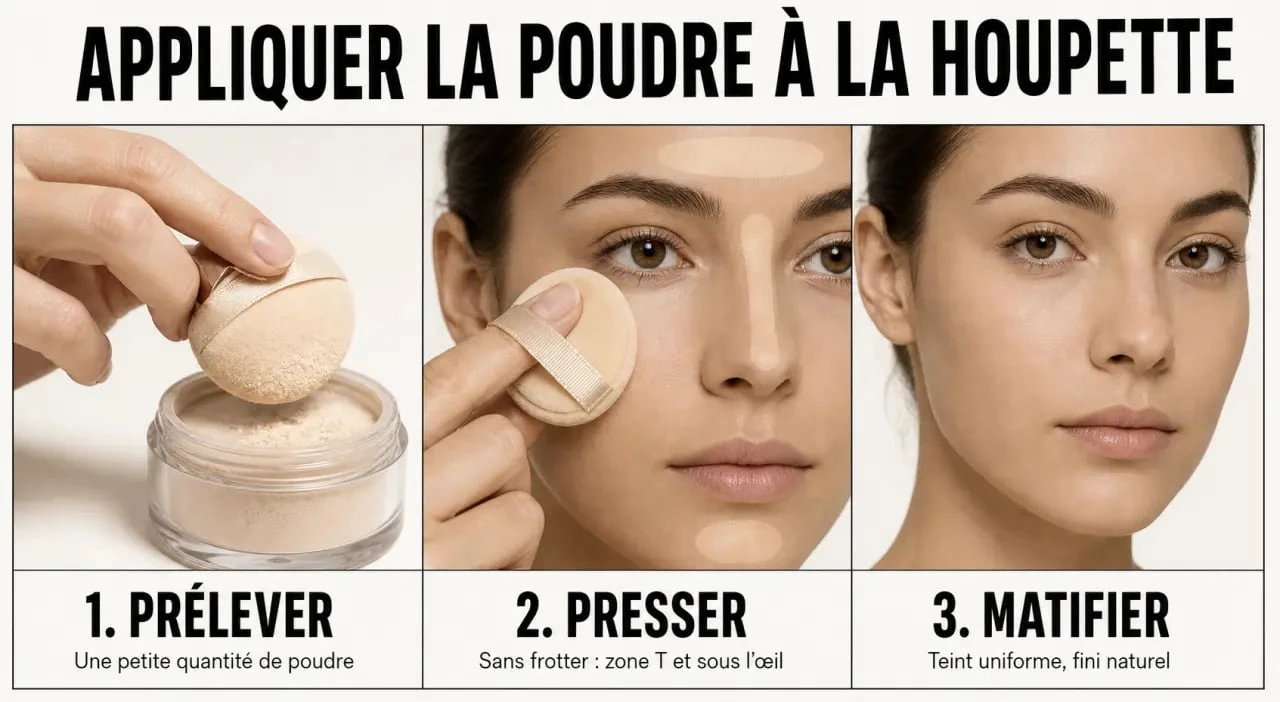 Houpette maquillage utilisée en trois étapes pour fixer la poudre et matifier le teint