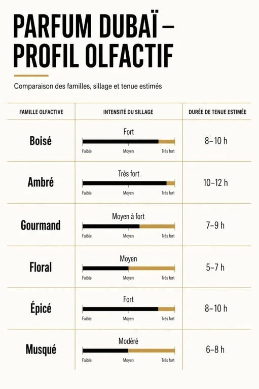 Comparatif parfum dubai des familles olfactives boisé, ambré, gourmand, floral, épicé et musqué