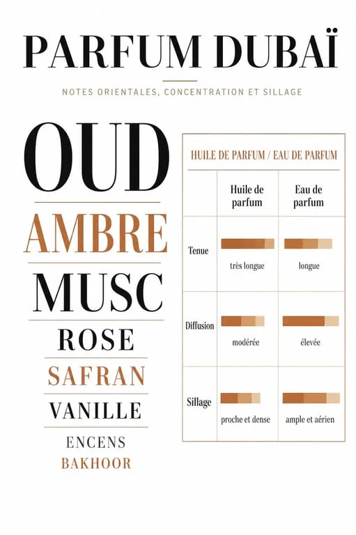 Infographie parfum dubai sur les notes oud, musc, ambre et la différence entre huile de parfum et eau de parfum