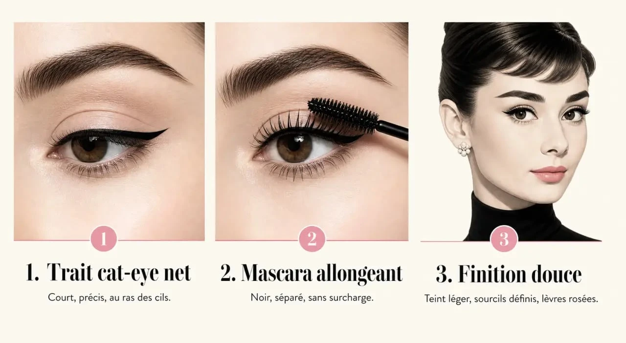 Maquillage Audrey Hepburn : cat-eye, cils séparés et teint élégant en trois étapes