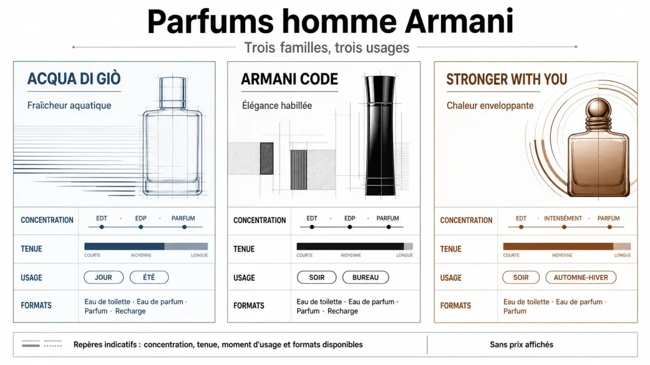 Armani pour homme parfum : comparaison visuelle des lignes Acqua di Giò, Armani Code et Stronger With You
