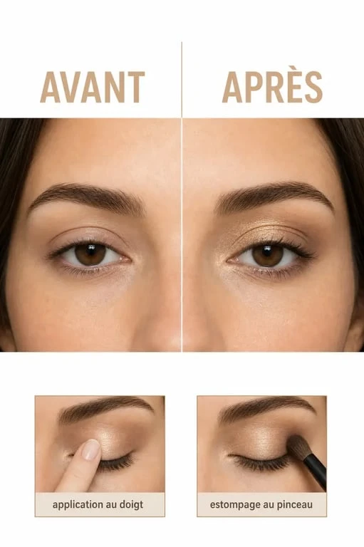 Ombre illusion chanel en avant après sur la paupière avec rendu lumineux et modulable