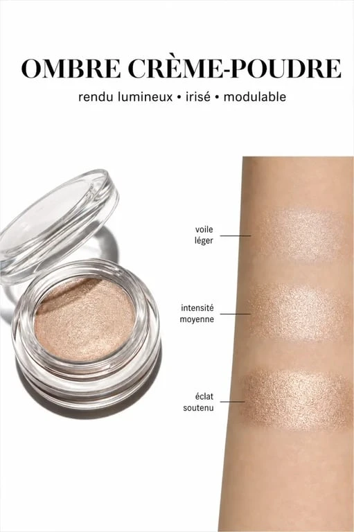 Ombre illusion chanel avec écrin, texture crème-poudre et swatches lumineux sur la peau