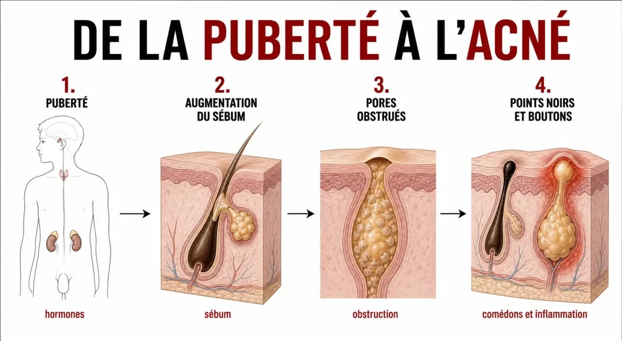 Soin visage ado : schéma de la peau adolescente et des boutons d’acné