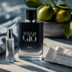 acqua di gio parfum marine, flacon sur table bois, ambiance fraîche