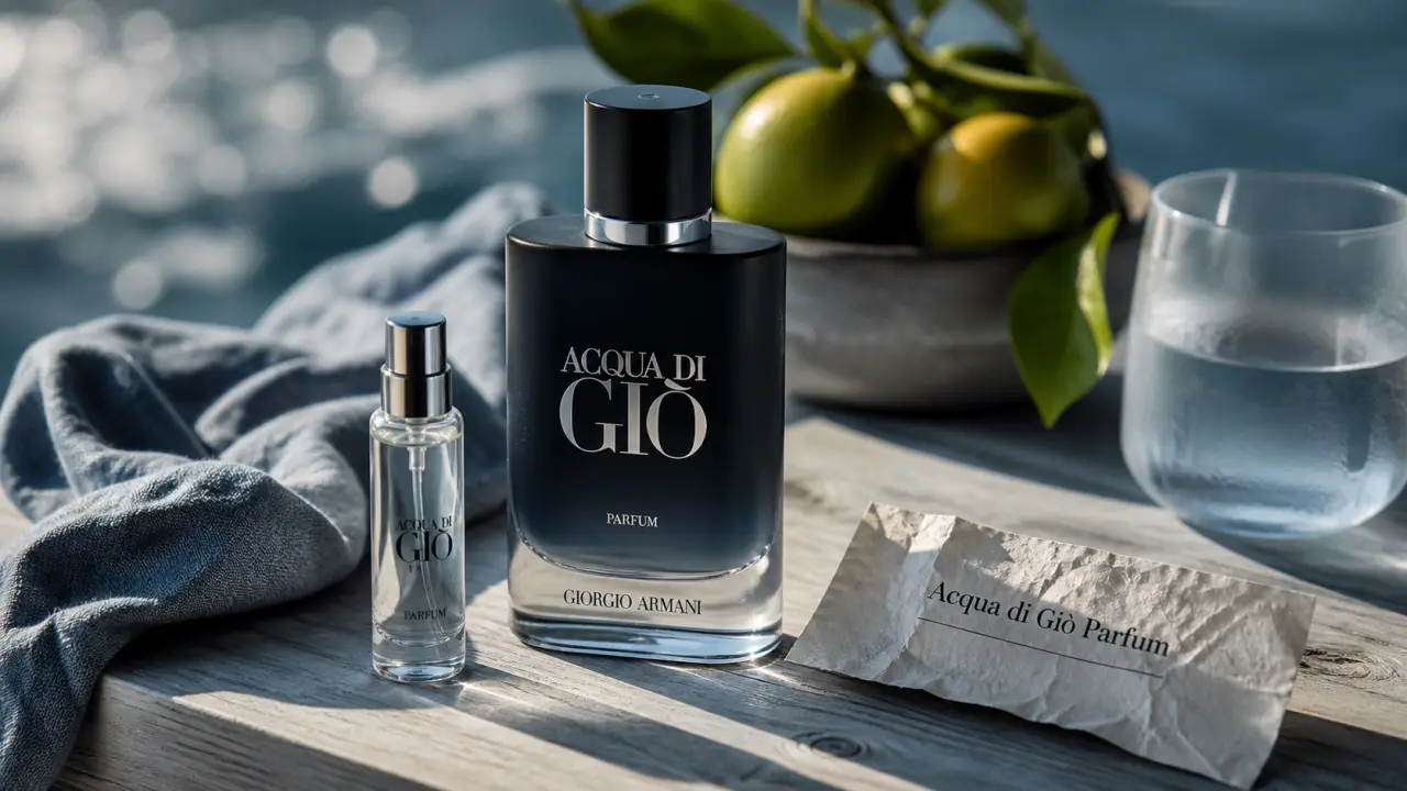 acqua di gio parfum marine, flacon sur table bois, ambiance fraîche