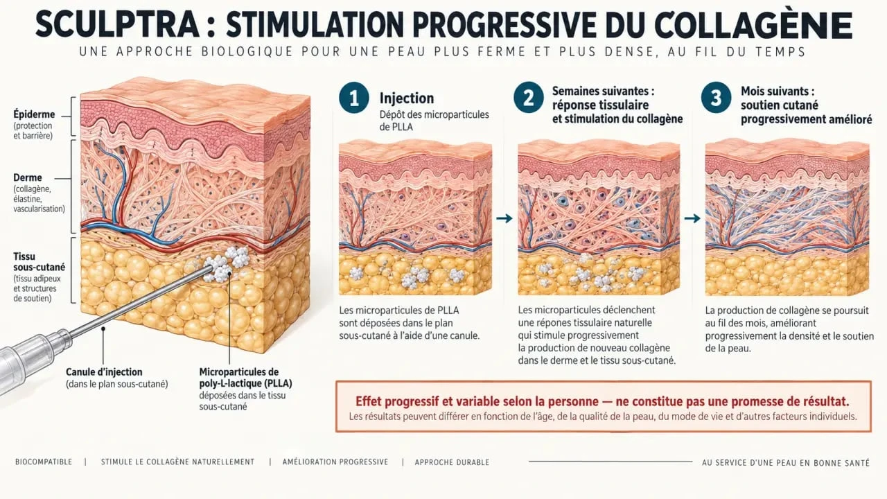 Schéma illustrant le fonctionnement progressif de Sculptra et la stimulation du collagène
