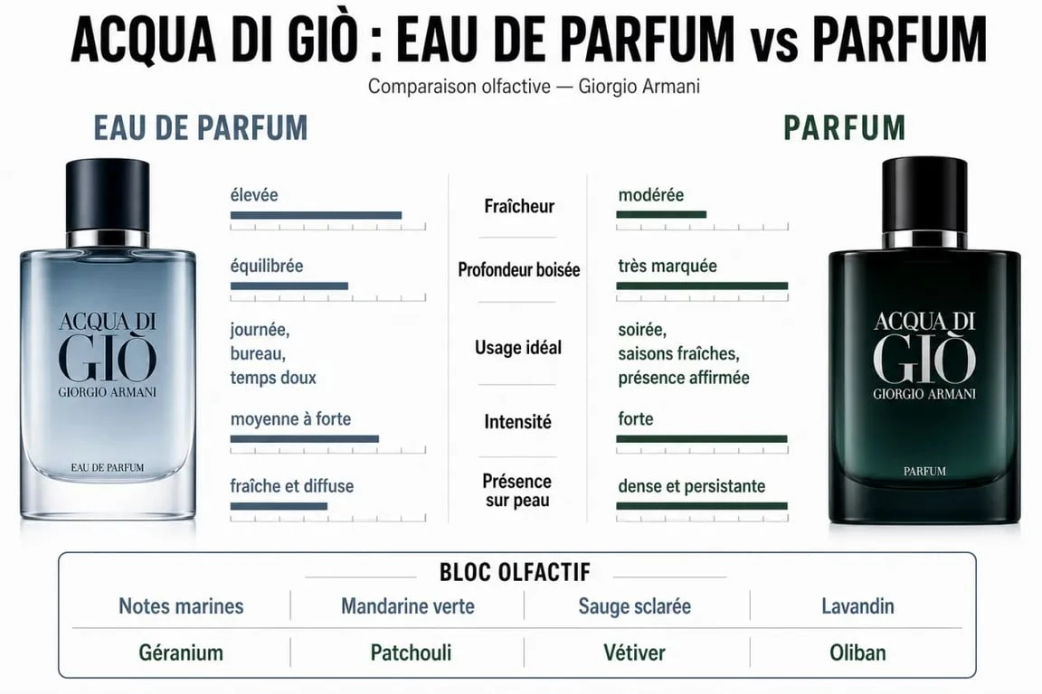 Acqua di Giò parfum : comparaison visuelle entre Eau de Parfum et Parfum avec leurs notes et leur usage