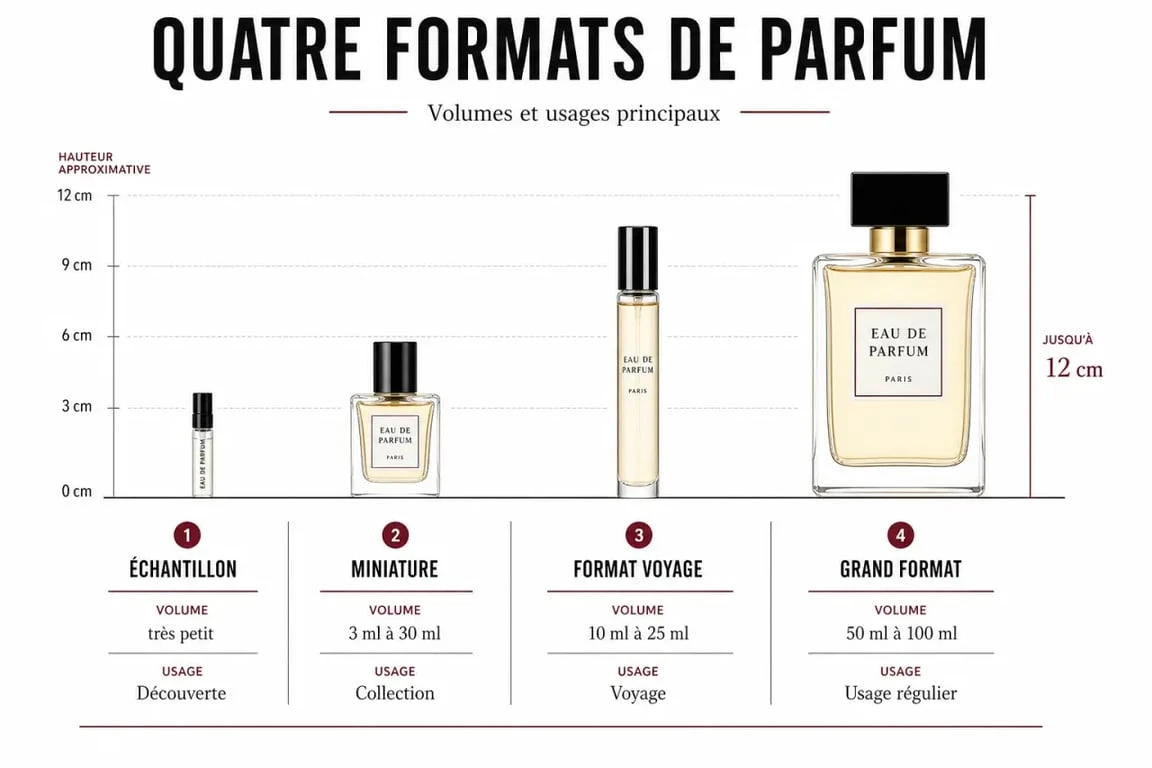 Mini parfum : comparaison visuelle entre échantillon, miniature, format voyage et grand format