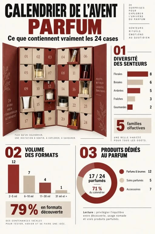 Calendrier de l’Avent parfum avec miniatures, brumes et formats découverte à comparer