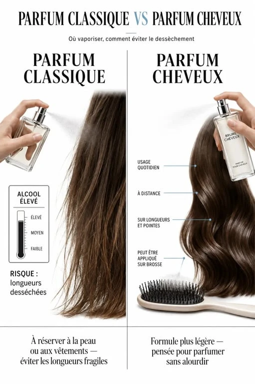 Parfum cheveux : comparaison entre parfum classique et brume capillaire, avec conseils d’application sur les longueurs