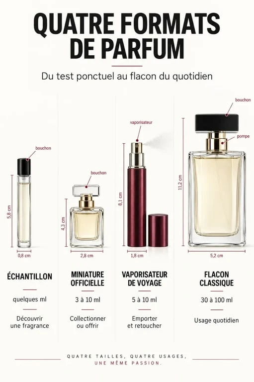 Miniature parfum, échantillon, format voyage et flacon classique comparés par volume et usage