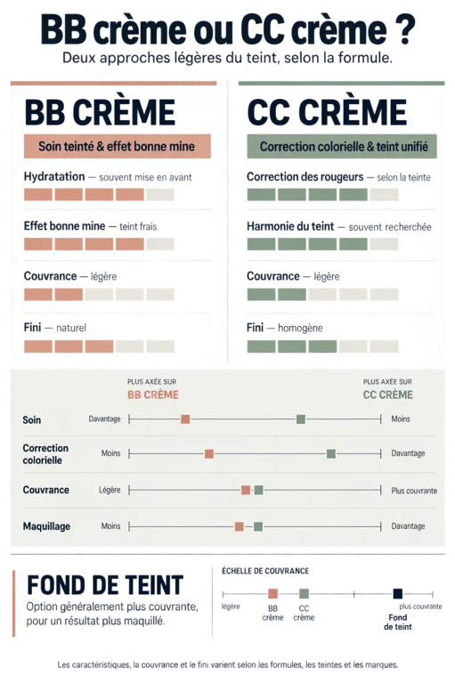 Infographie sur la différence entre BB crème et CC crème selon l'hydratation, la correction et la couvrance