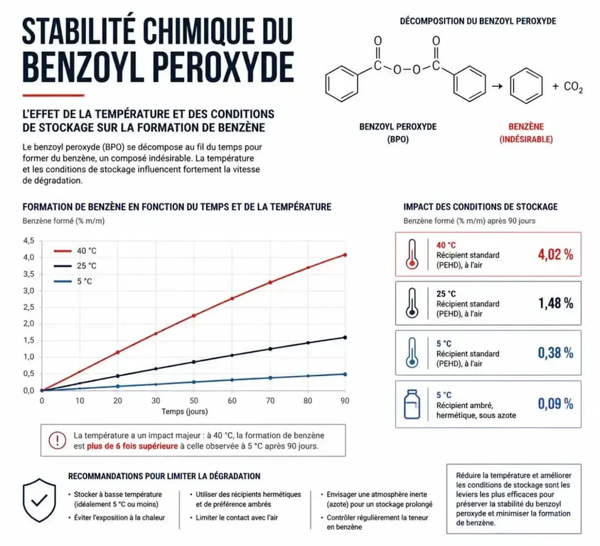 Schéma explicatif de la dégradation du peroxyde de benzoyle en benzène dans les produits La Roche-Posay