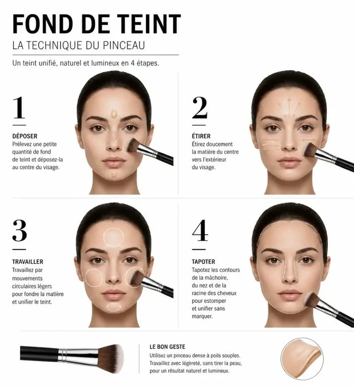 Gestes d'application avec un pinceau fond de teint du centre du visage vers l'extérieur