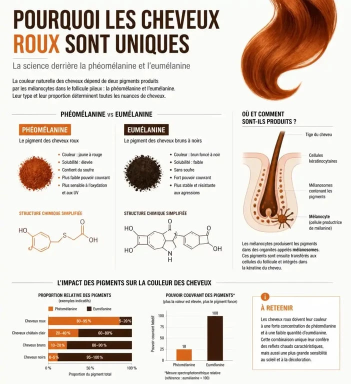 Infographie scientifique expliquant la différence entre phéomélanine et eumélanine dans les cheveux roux