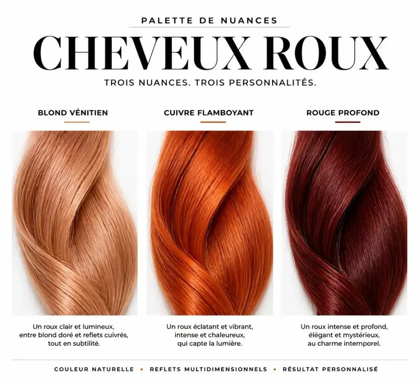 Palette de nuances de cheveux roux allant du blond vénitien au rouge profond